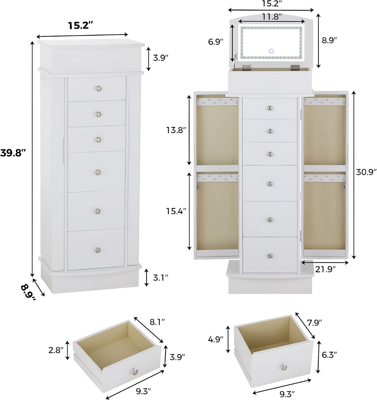 ironck jewelry cabinet with led mirror and 6, close-up detail