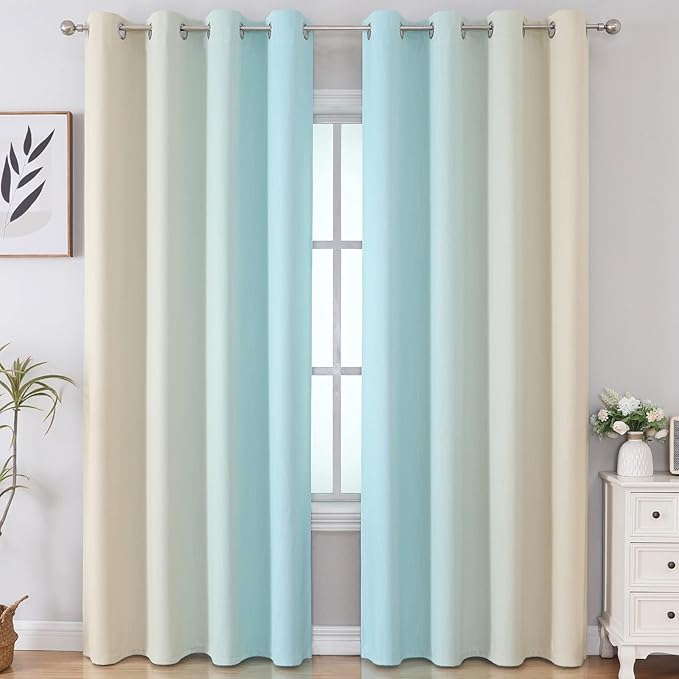 Estelar Textiler Aqua and Beige Gradient Blackout Curtains 84 Inches Long - Image 2