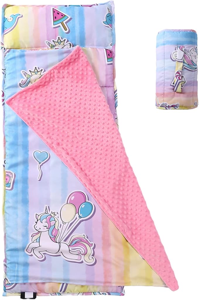 Toddler Nap Mat with Removable Pillow and Minky Blanket, Soft Rolled Napping by NapCure