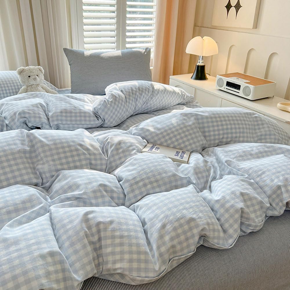 nayoroom gingham duvet cover set queen blue white, side view
