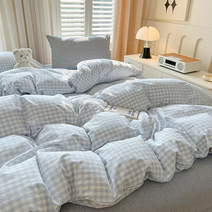 nayoroom gingham duvet cover set queen blue white, side view