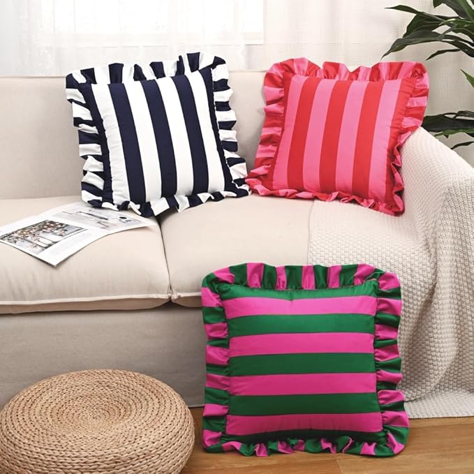vctops Ruffle Square Throw Pillow Covers Boho Pink and Red Striped Decorative - Image 5