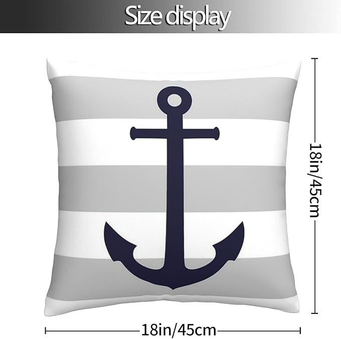 Myshe Square Nautical Navy Blue Anchor On Gray Stripes Throw Pillow Cover - Image 5