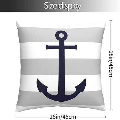Myshe Square Nautical Navy Blue Anchor On Gray Stripes Throw Pillow Cover - Image 5