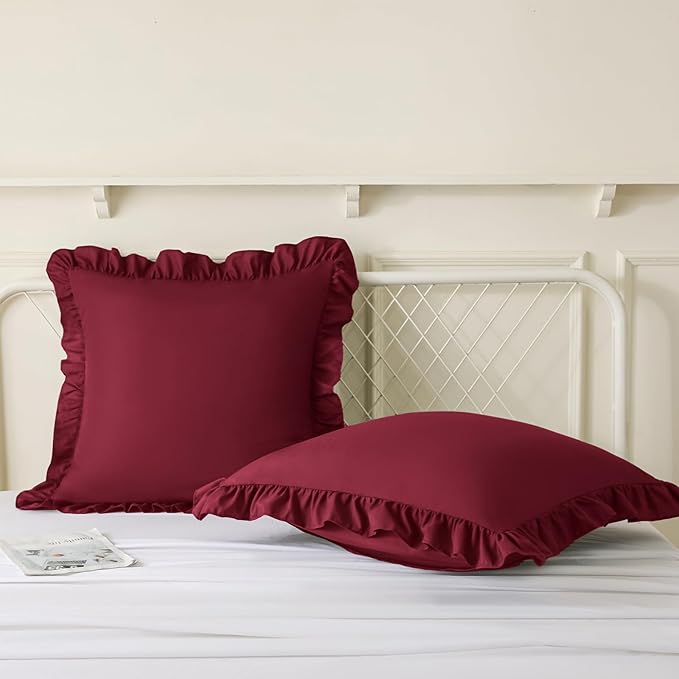 KKJIAF Ruffle Pillow Cases 24x24 Inches, Burgundy Square Ruffled Pillow Covers - Image 4
