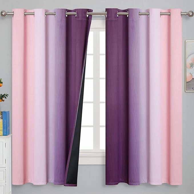 Pink and Purple Curtains 63 Inch Length 2 panels, Full Light Blocking Ombre - Image 2