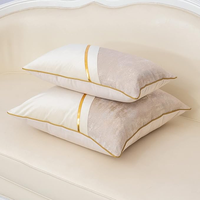 Alerfa 18 x 18 Inch Off White Beige Gold Leather Patchwork Velvet & Polyester - Image 4