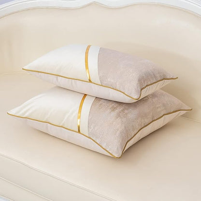 Alerfa 18 x 18 Inch Off White Beige Gold Leather Patchwork Velvet & Polyester - Image 4