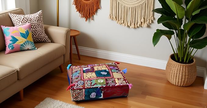 CRAFT KALA Indian Square Patchwork Traditional Pouf Cover Indian Living Room - Image 4