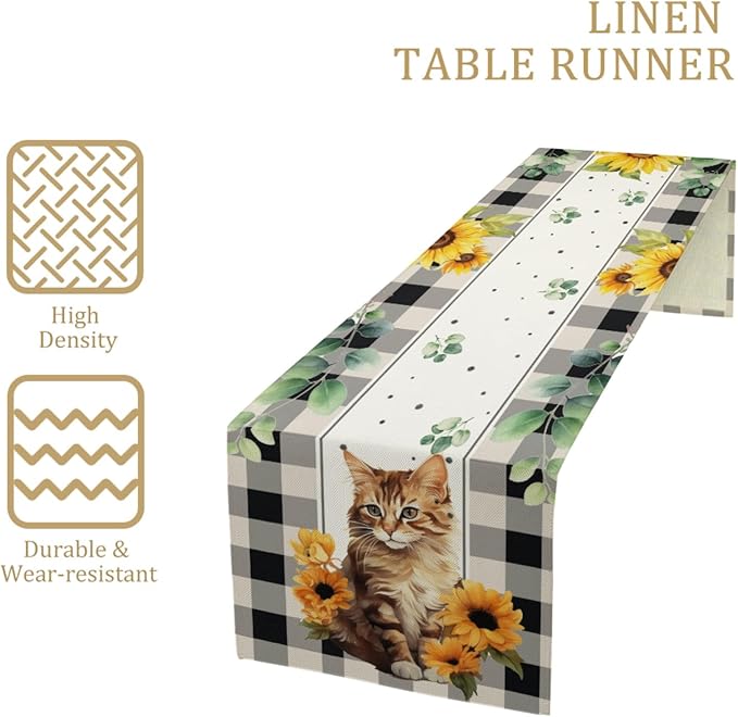 Cat and Sunflower Table Runner, Linen Farmhouse Table Cloth Decor, Table Runner - Image 3