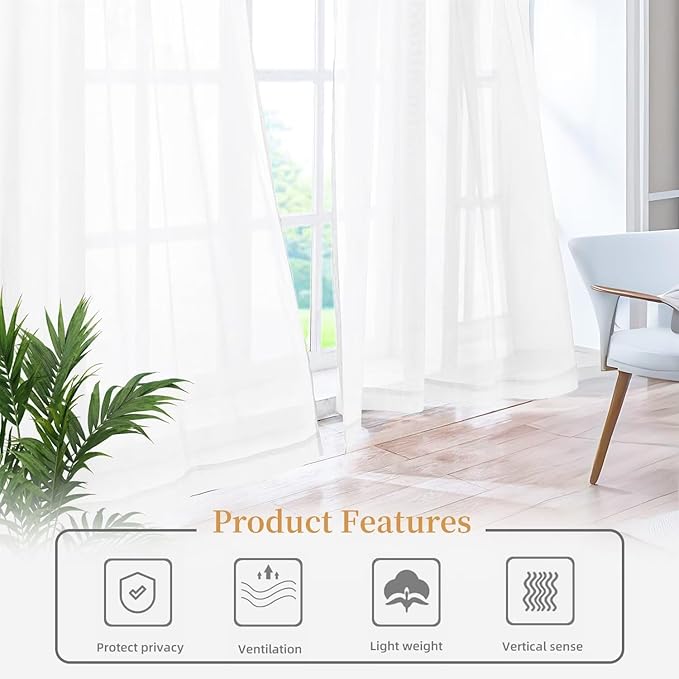 White Sheer Curtains 63 Inches Long 2 Panels, Rod Pocket Short Curtain - Image 6