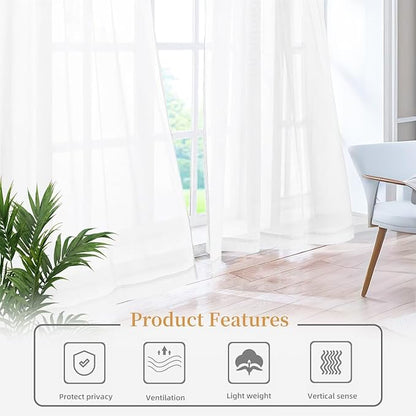 White Sheer Curtains 63 Inches Long 2 Panels, Rod Pocket Short Curtain - Image 6