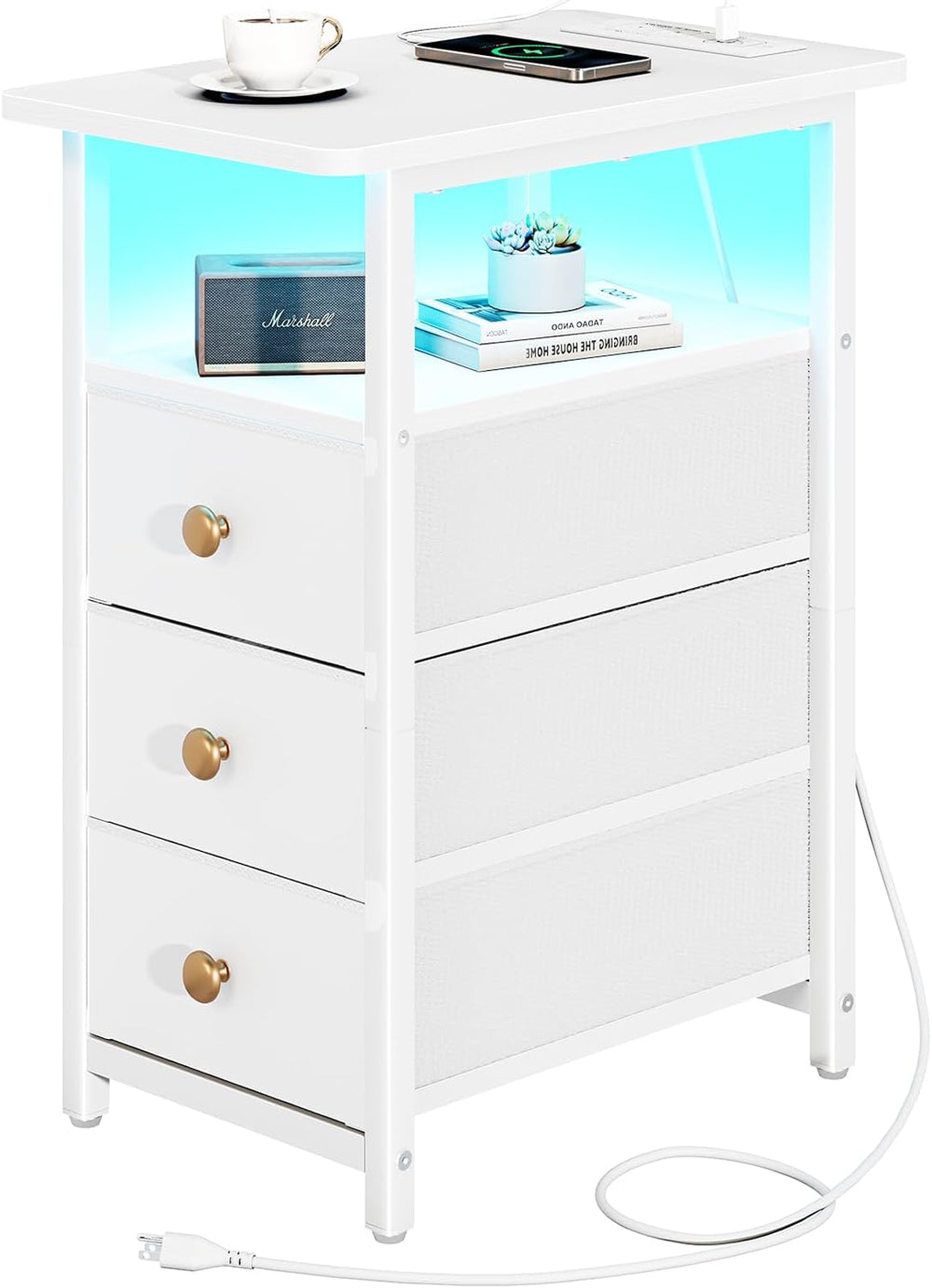 Yoobure End Table with Charging Station, LED Narrow Side Table Bedside Table,...