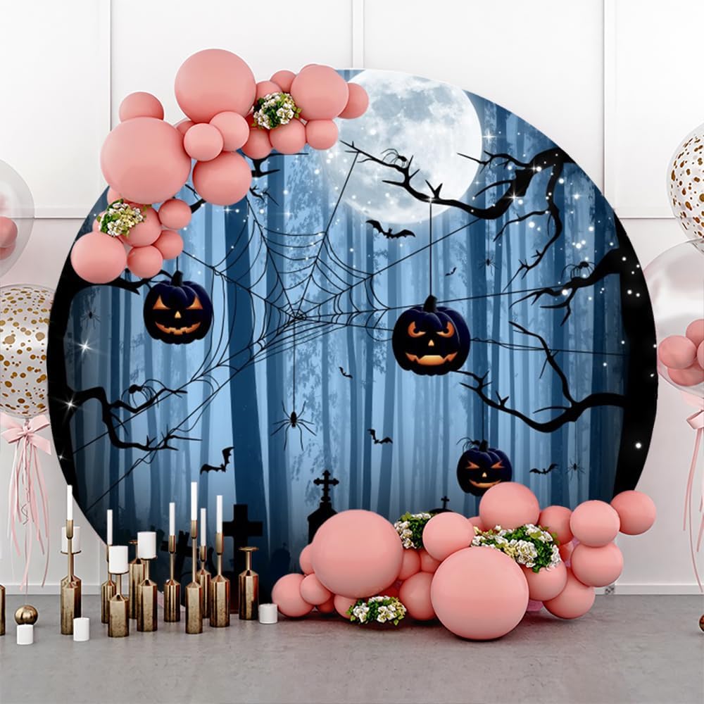 Diameter 7.5ft Halloween Themed Round Backdrop Cover Gothic Mysterious Forest Horrible Moon Night Pumpkin Cemetery Circle Photography Background for Halloween Party Decor Photo Booth Props