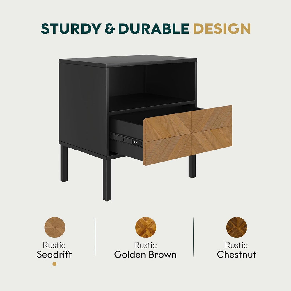 Bme Vivian Solid Wood Nightstand, End Table, Bedside Table with Herringbone P...