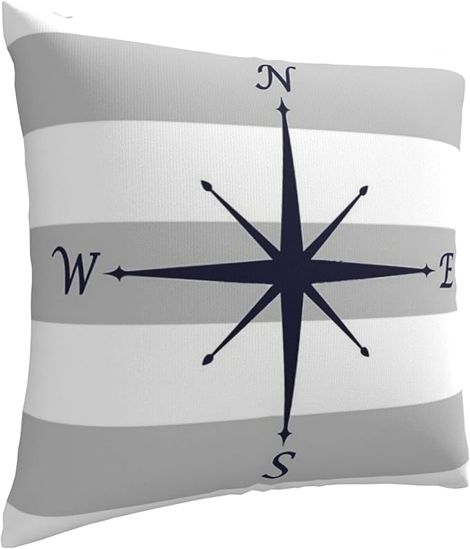 Myshe Square Nautical Navy Blue Compass On Silver Gray and White Stripes Throw - Image 2