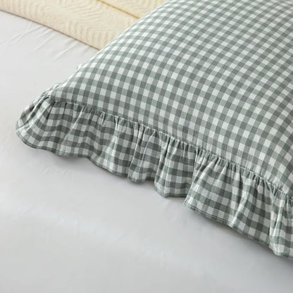 2 Pack Vintage Dusty Green Plaid Ruffle Throw Pillow Covers, Washed Cotton - Image 4