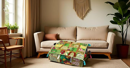 CRAFT KALA Indian Square Patchwork Traditional Pouf Cover Indian Living Room - Image 3
