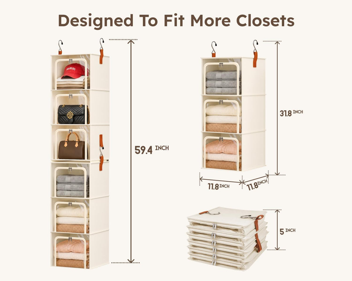 homsorout 6-tier modular hanging closet organizer shelves, beige showing dimensions