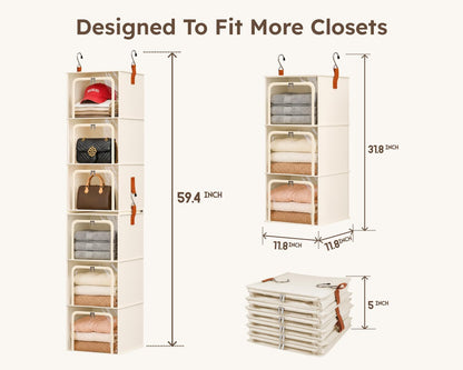 homsorout 6-tier modular hanging closet organizer shelves, beige showing dimensions
