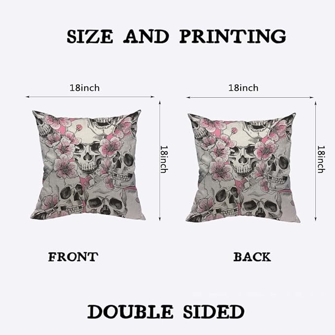 TKS MITLAN Skull and with Flowers Pillow Cover 18x18 inch Pink Cherry Rustic - Image 2