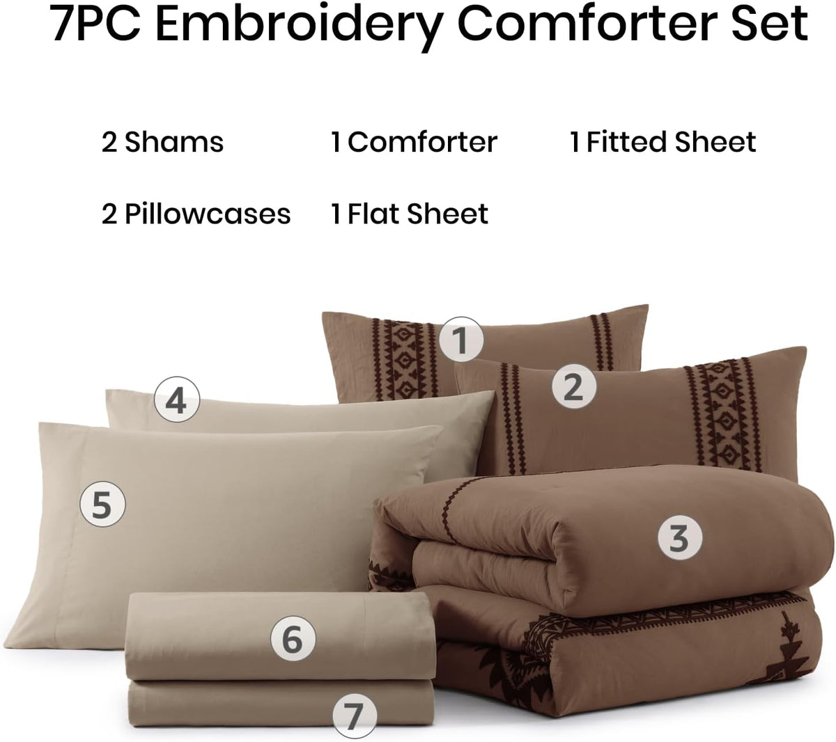 mairêve embroidery queen comforter set 7 pieces brown on a desk or shelf