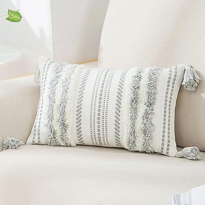 decorUhome Decorative Boho Throw Pillow Cover 12x20, Lumbar Accent Neutral by decorUhome
