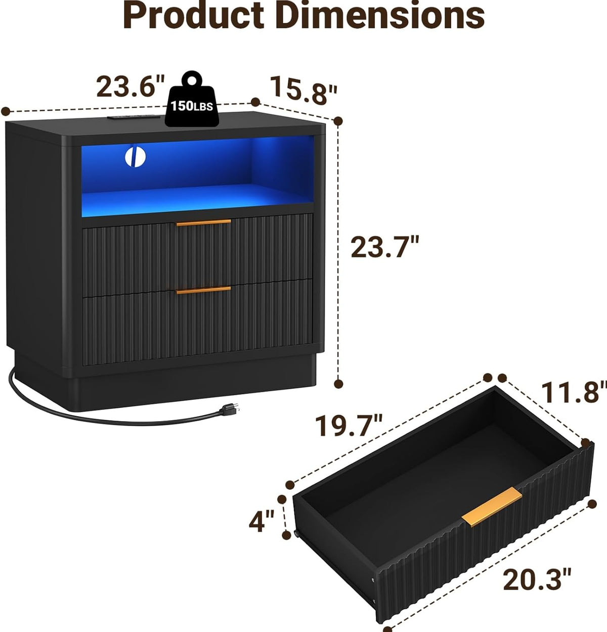 elyken 24" fluted nightstand, black led end table shown in use