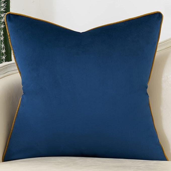 Avigers 20 x 20 Inch Navy Blue Gold Striped Geometric Lines Embroidery Velvet - Image 2