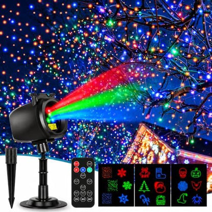 Outdoor Laser Projector Lights, RGB Firefly Light Show for Backyard Parties & Gatherings, IP65 Waterproof, 270° Adjustable, 10 Color Modes + 3 Changeable Holiday Cards(Halloween/Snowflake/Christmas)