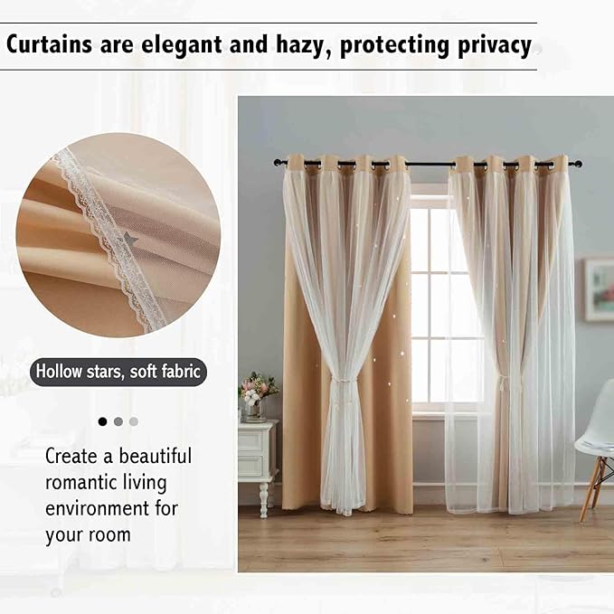 Anytime Romantic Kids Curtain, Hollow-Out Stars Window Curtain Double Layer - Image 6