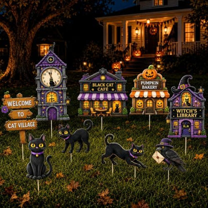 Halloween Yard Signs Outdoor Decorations - 12 Pcs Black Cat Village Set