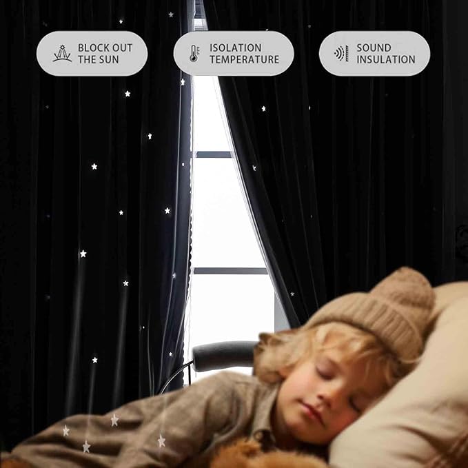 Anytime Romantic Kids Curtain, Hollow-Out Stars Window Curtain Double Layer - Image 4
