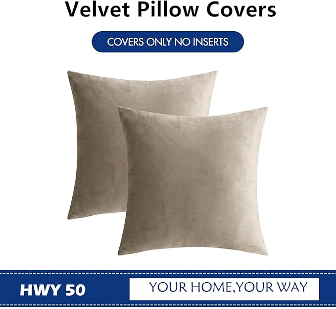 HWY 50 Taupe Velvet Throw Pillow Covers 16x16 Inch - Image 6