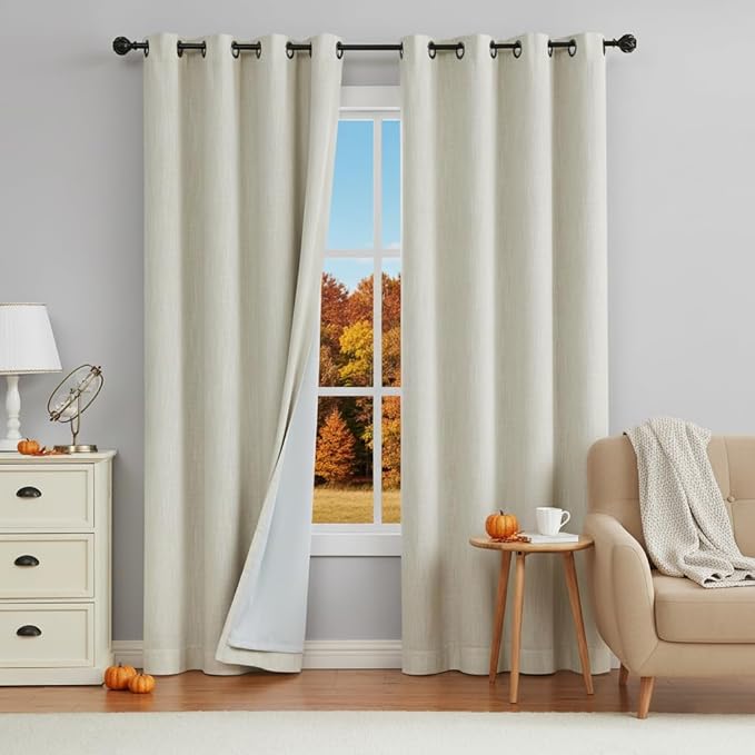 Beige Solid Full Blackout Curtain Heavy Linen Texture Window Treatment - Image 8