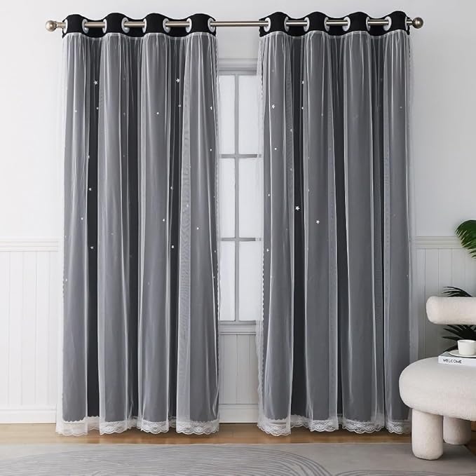 Black Blackout Curtains with Sheer Overlay - Image 6