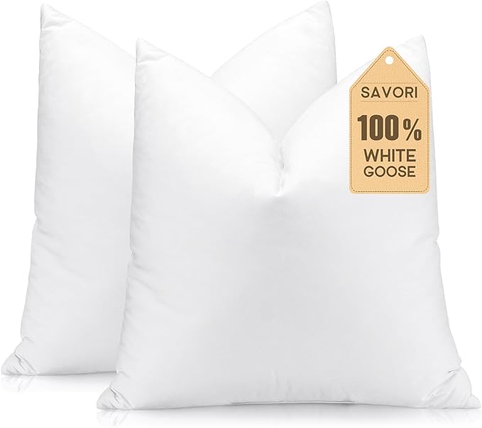 SAVORI Set of 2 Down and Feather Throw Pillow Inserts 14x14 Soft Fluffy Pillow by SAVORI