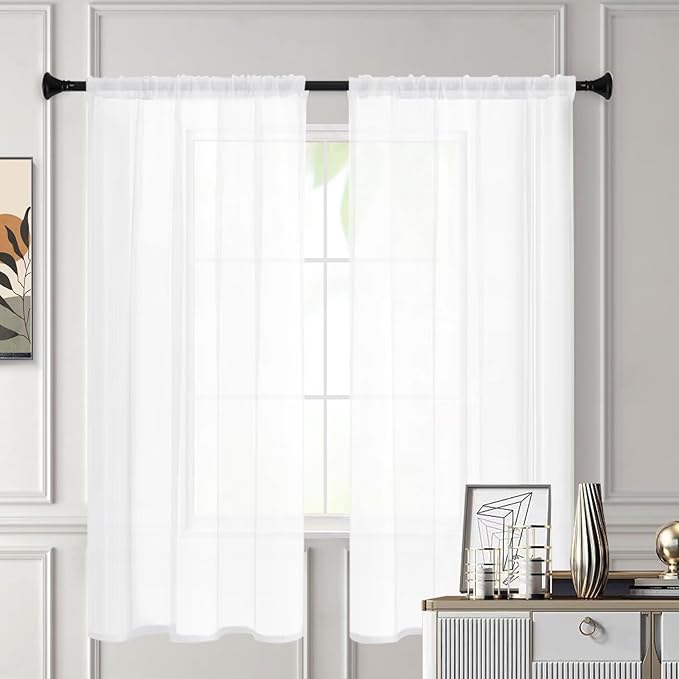 White Sheer Curtains 63 Inches Long 2 Panels, Rod Pocket Short Curtain - Image 3
