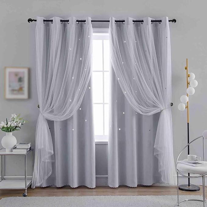 Anytime Romantic Kids Curtain, Hollow-Out Stars Window Curtain Double Layer by Anytime