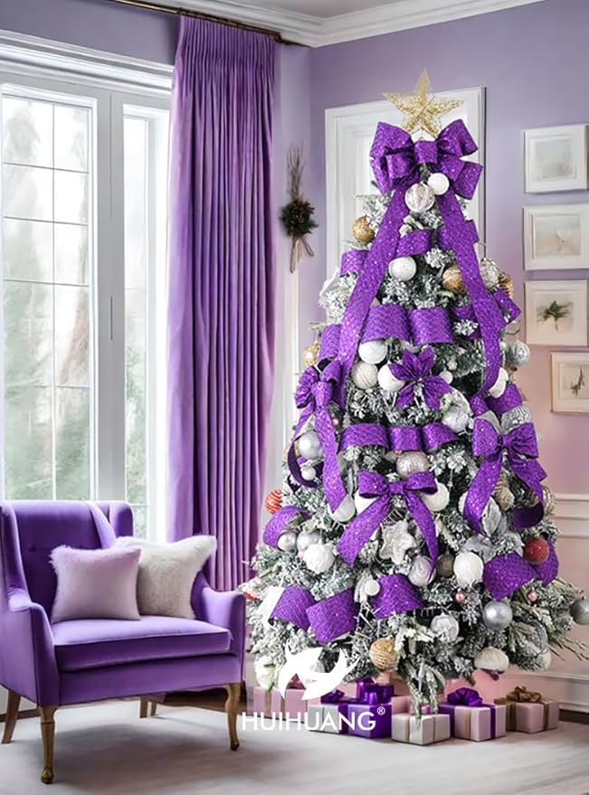 HUIHUANG Purple Wired Christmas Ribbon 4 inch Purple Glitter Wired Ribbon - Image 5