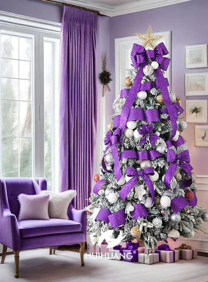 HUIHUANG Purple Wired Christmas Ribbon 4 inch Purple Glitter Wired Ribbon - Image 5