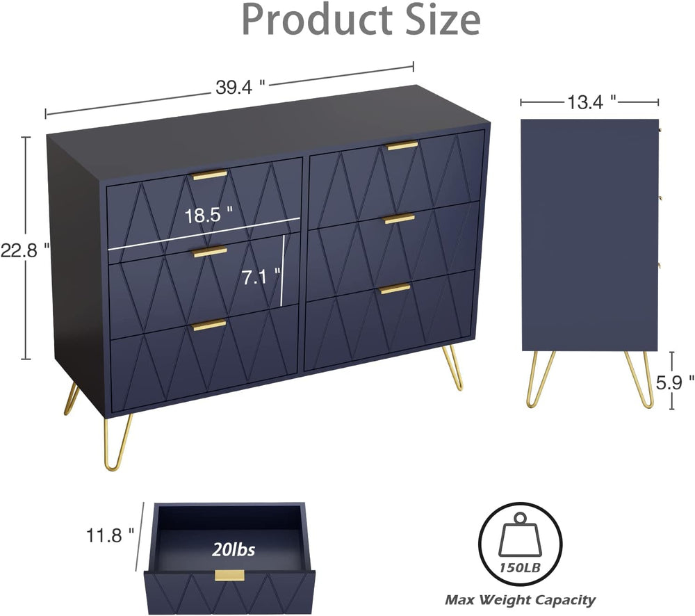 Anbuy Navy Large Dresser 6 Drawer Dresser for Bedroom, Chest of Drawer with 6...