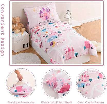 PERFEMET 4 Pieces Girls Toddler Bedding Set Pink Castle Fairy Tales Toddler - Image 5