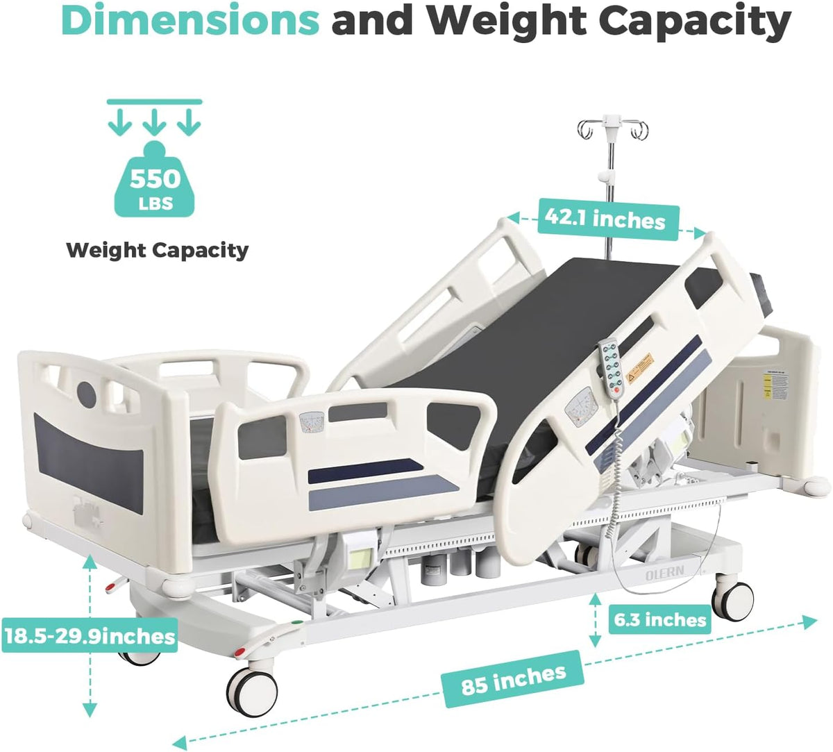 premium 5 function full electric hospital bed,icu medical, close-up detail