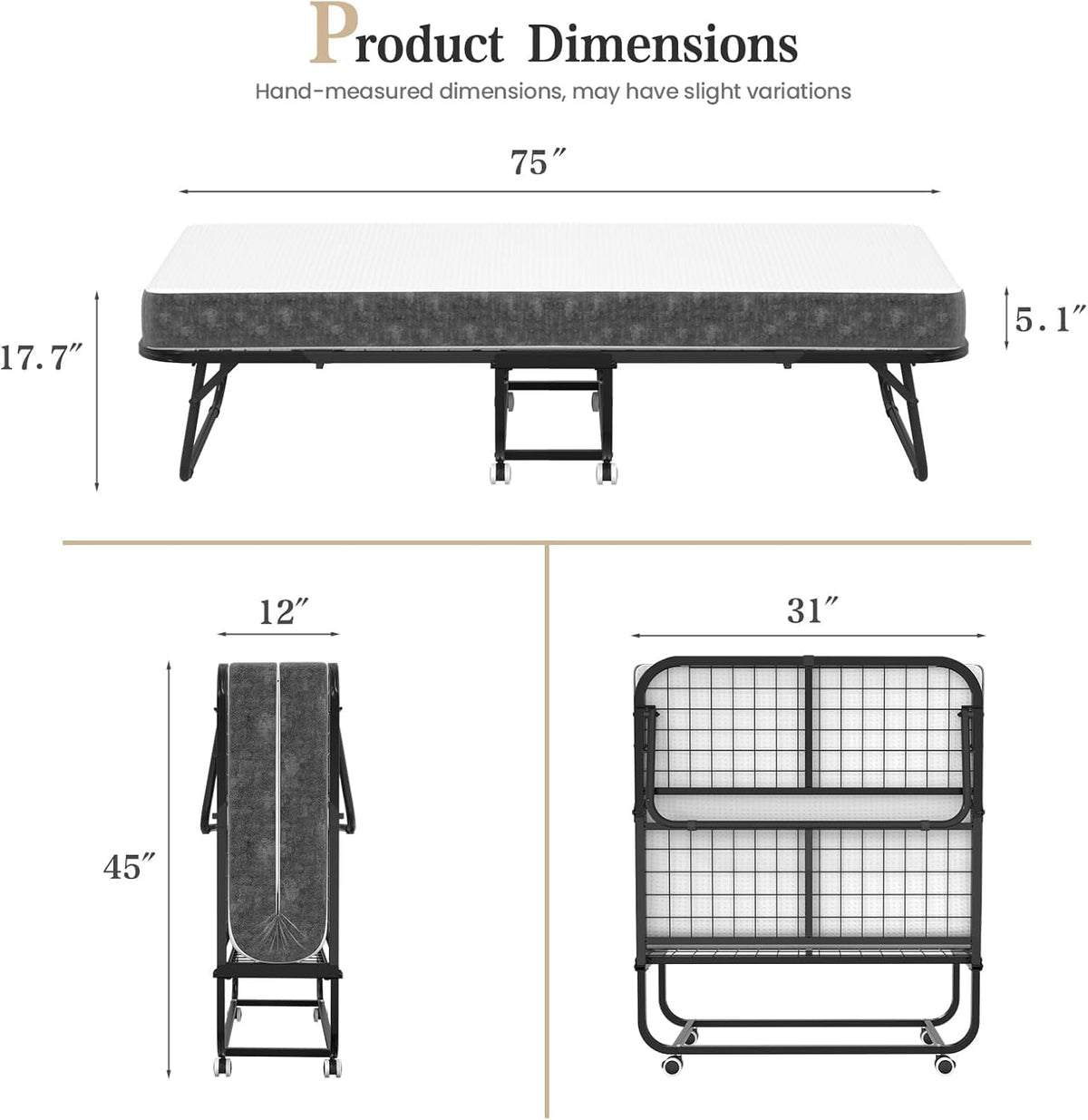 folding bed with mattress, 75" x 31" twin, close-up detail