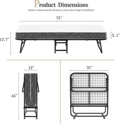 folding bed with mattress, 75" x 31" twin, close-up detail