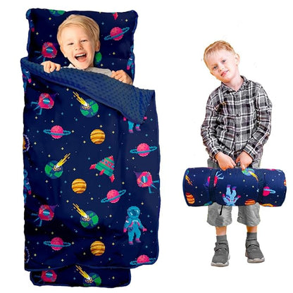 Toddler Nap Mat with Pillow and Minky Blanket, Large 55"x35" Sleeping Bag by Beavtaens