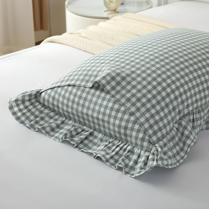 Vintage Dusty Green Plaid Ruffle Pillow Shams Standard Size Set of 2, Washed - Image 3