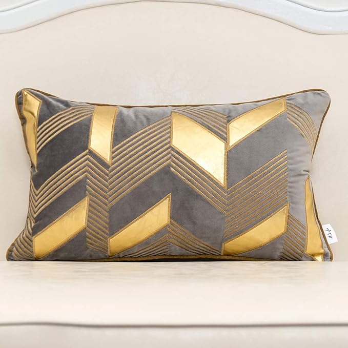 Alerfa 12 x 20 Inches Gray Geometric Gold Leather Striped Cushion Cases by Alerfa