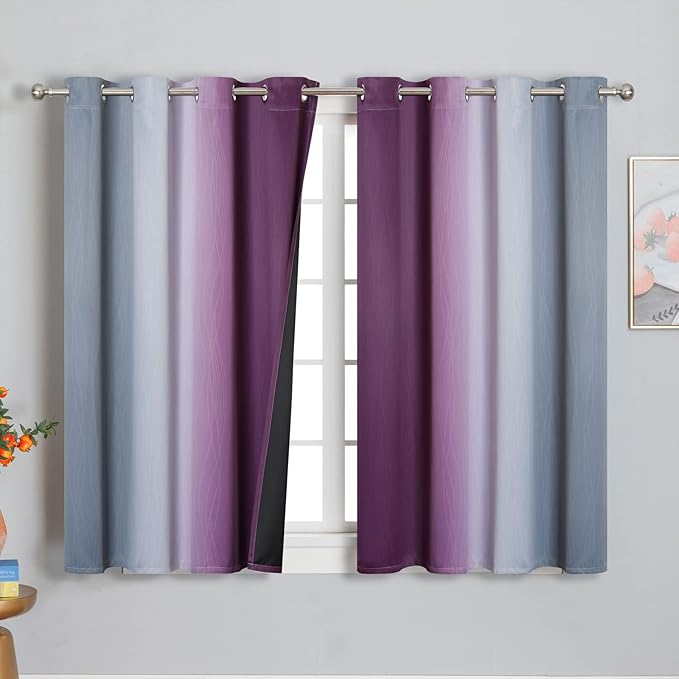 Purple and Grey Blackout Curtains 45 Inches Long, Ombre and Wavy Line Pattern - Image 2